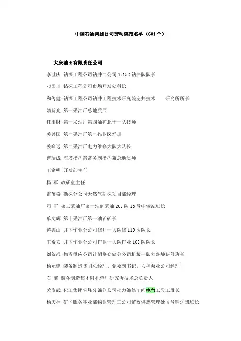 中国石油集团公司劳动模范名单