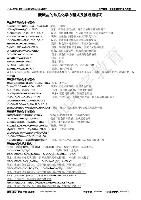 酸碱盐的常见化学方程式及推断题练习(1)