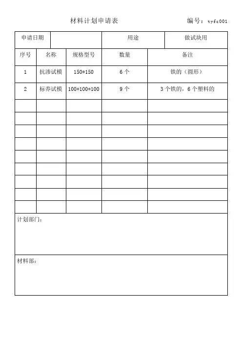 材料计划申请表辅材