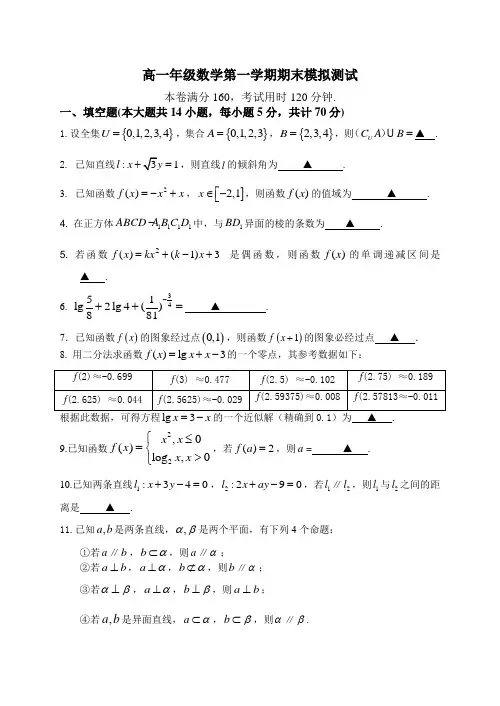 高一年级数学第一学期期末模拟测试