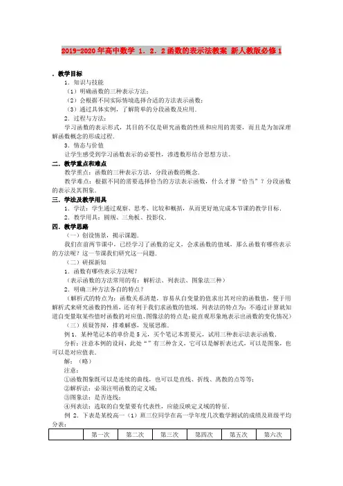 2019-2020年高中数学 1.2.2函数的表示法教案 新人教版必修1