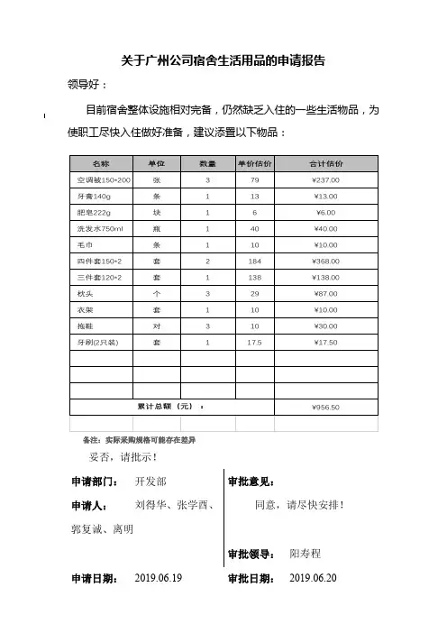 公司宿舍购买物品的申请
