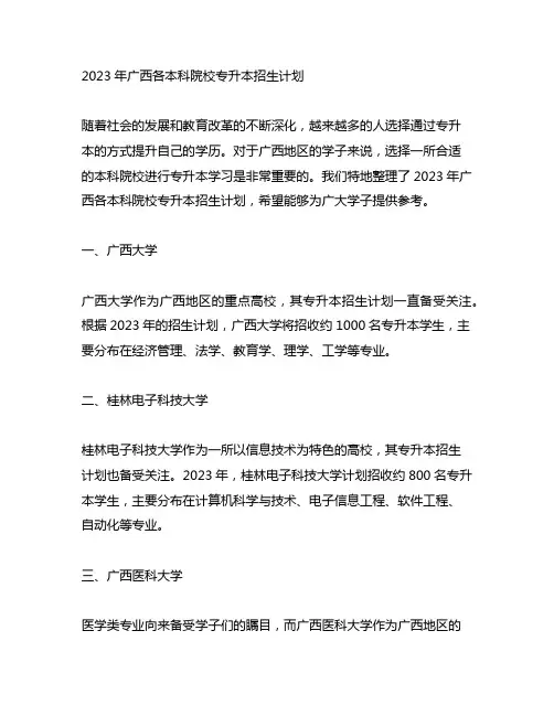 2023年广西各本科院校专升本招生计划