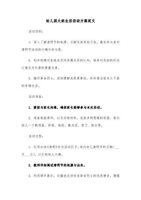 幼儿园大班生活活动方案范文（二篇）