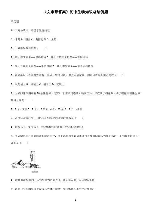 (文末带答案)初中生物知识总结例题