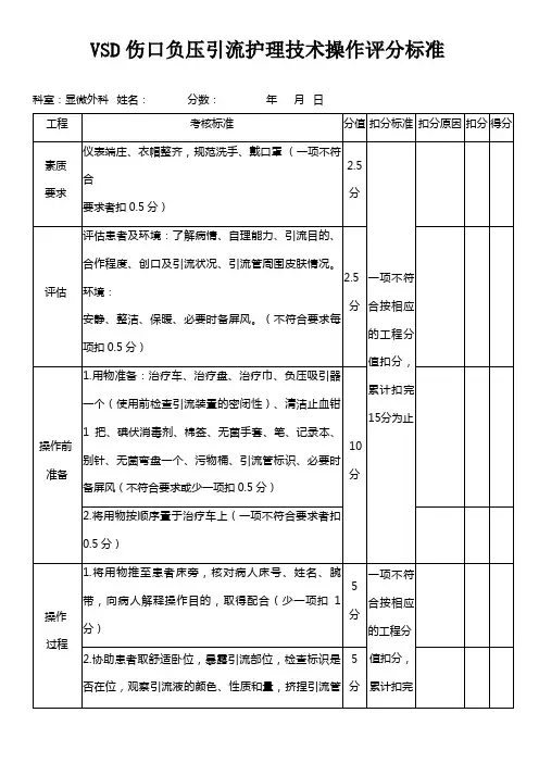 Vsd伤口负压引流护理技术操作评分标准