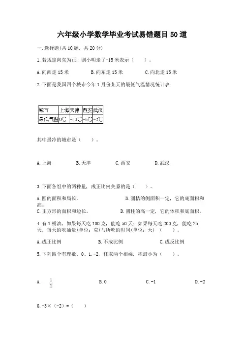 六年级小学数学毕业考试易错题目50道带精品答案