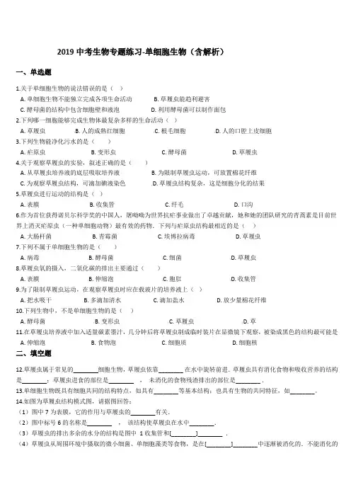 2019年中考生物专题练习：单细胞生物(含解析)