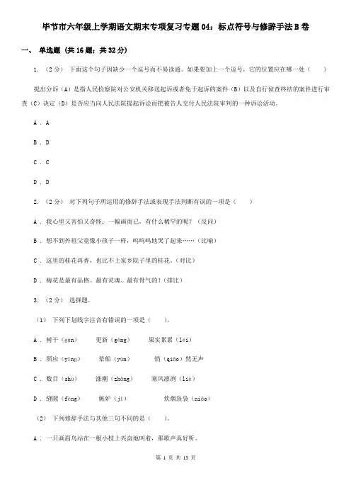 毕节市六年级上学期语文期末专项复习专题04：标点符号与修辞手法B卷