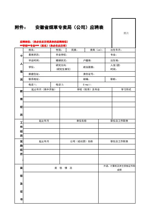 安徽省烟草专卖局(公司)应聘表