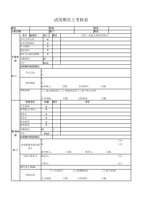 试用期员工考核表