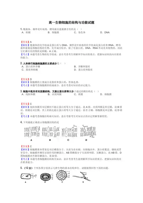 高一生物细胞的结构与功能试题
