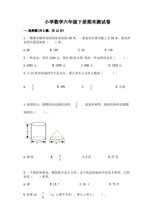 小学数学六年级下册期末测试卷附完整答案(历年真题)