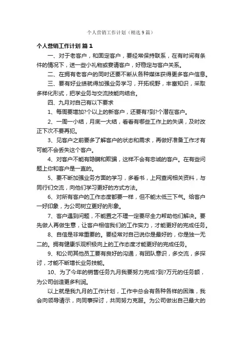 个人营销工作计划（精选9篇）