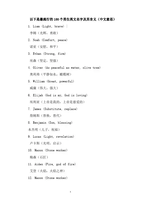 100个最流行的男生英文名字