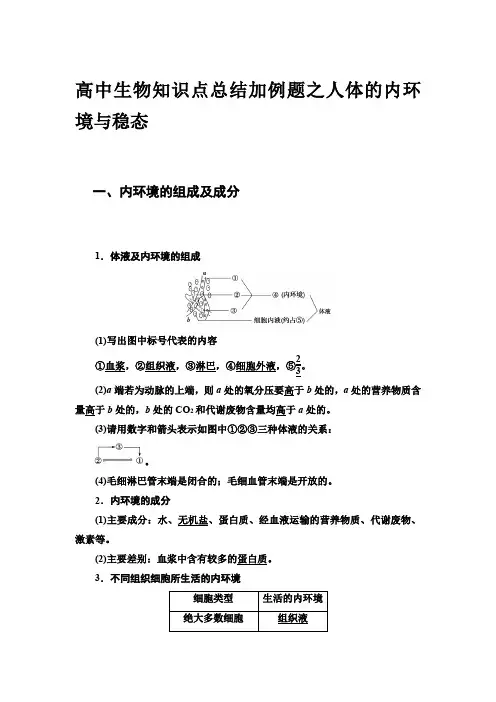 高中生物知识点总结加例题之人体的内环境与稳态