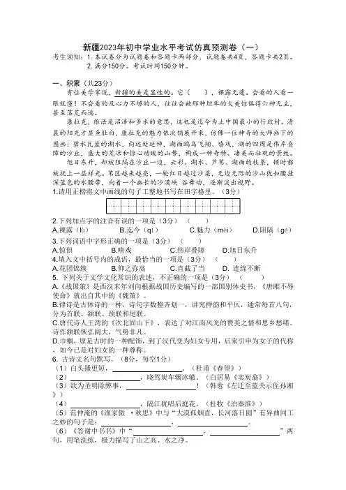 新疆2023年初中学业水平考试仿真预测卷(一)附答案
