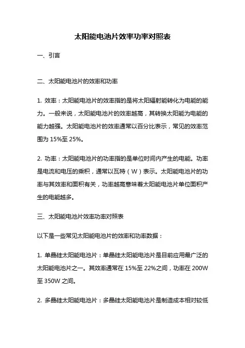 太阳能电池片效率功率对照表