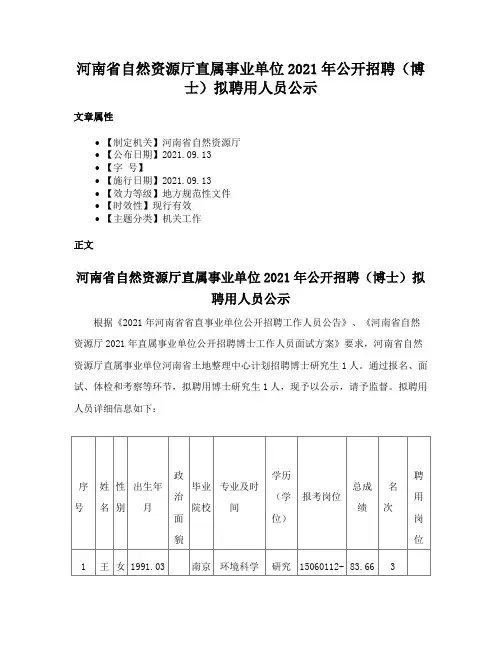 河南省自然资源厅直属事业单位2021年公开招聘（博士）拟聘用人员公示