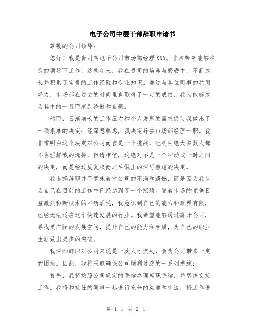 电子公司中层干部辞职申请书