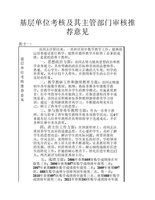 基层单位考核及其主管部门    审核推荐意见