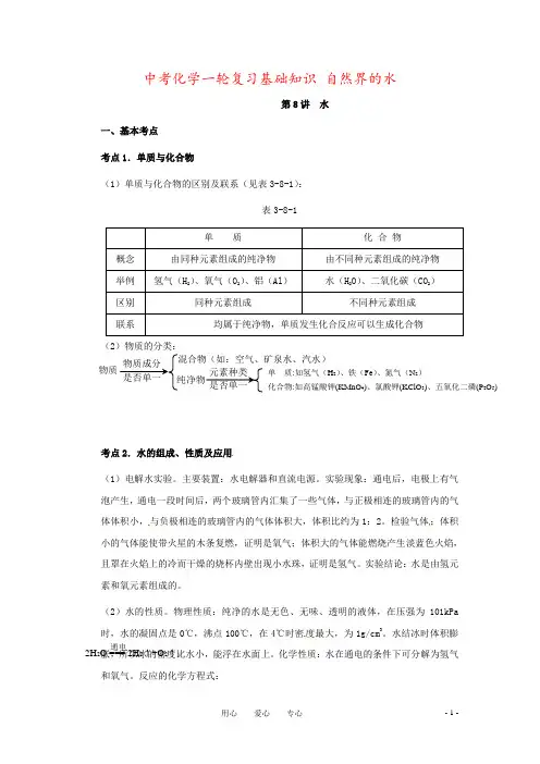 中考化学一轮复习基础知识 自然界的水