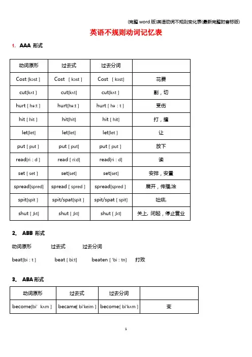 (完整word版)英语动词不规则变化表(最新完整附音标版)