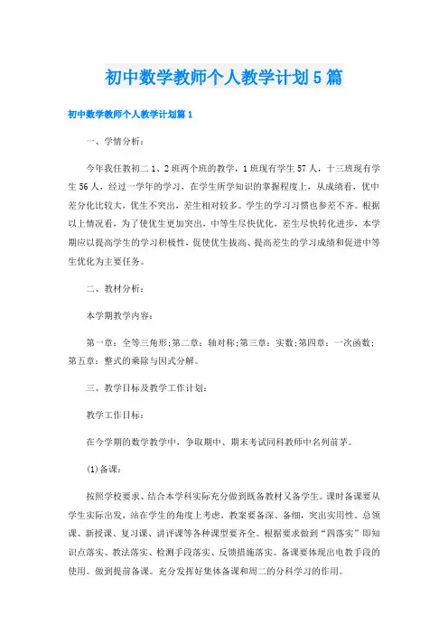 初中数学教师个人教学计划5篇