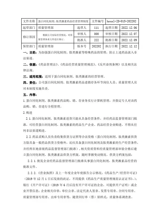 药品批发企业蛋白同化制剂、肽类激素药品经营管理制度