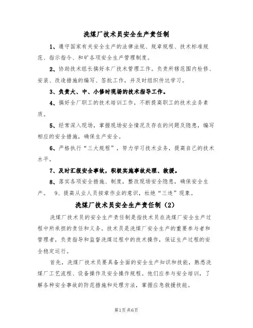 洗煤厂技术员安全生产责任制（5篇）