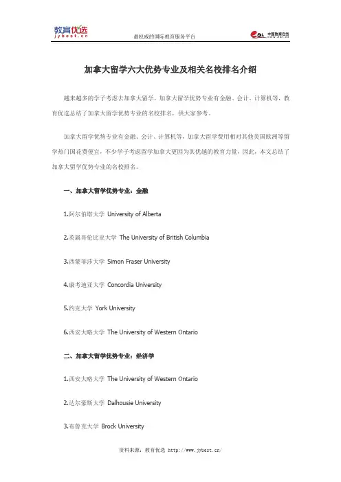 加拿大留学六大优势专业及相关名校排名介绍