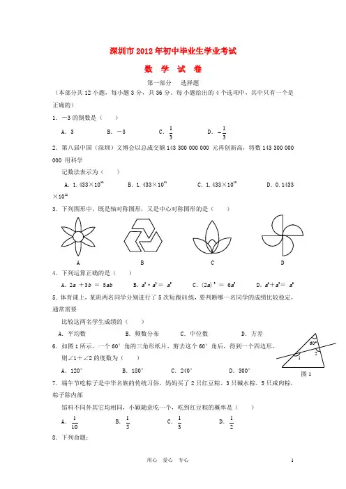 2012年广东省深圳市中考数学真题试题