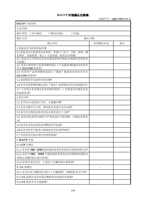 HACCP计划确认记录表