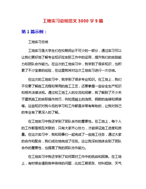 工地实习总结范文3000字9篇