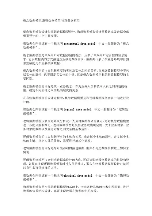 概念数据模型,逻辑数据模型,物理数据模型