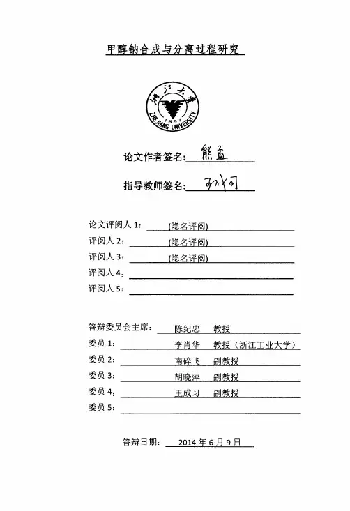 甲醇钠合成与分离过程研究