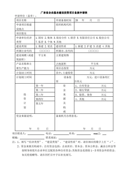广东省企业基本建设投资项目备案申请表