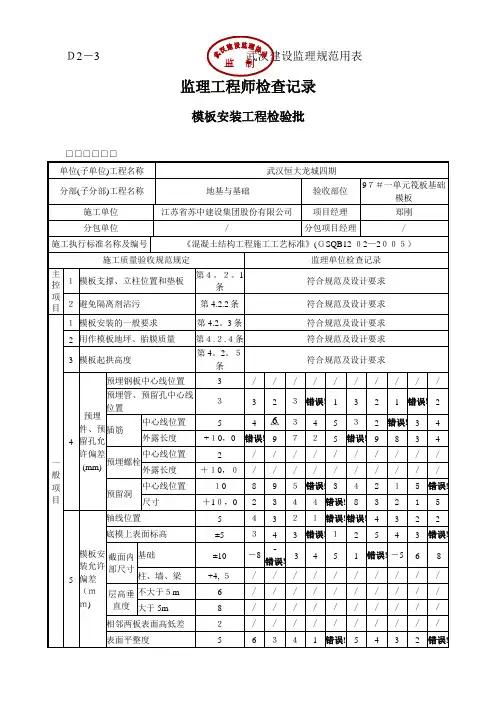 模板安装工程检验批【范本模板】