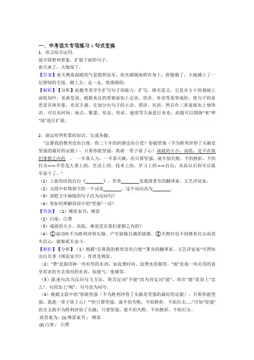 部编人教版中考 语文句式变换练习题含答案(Word版)