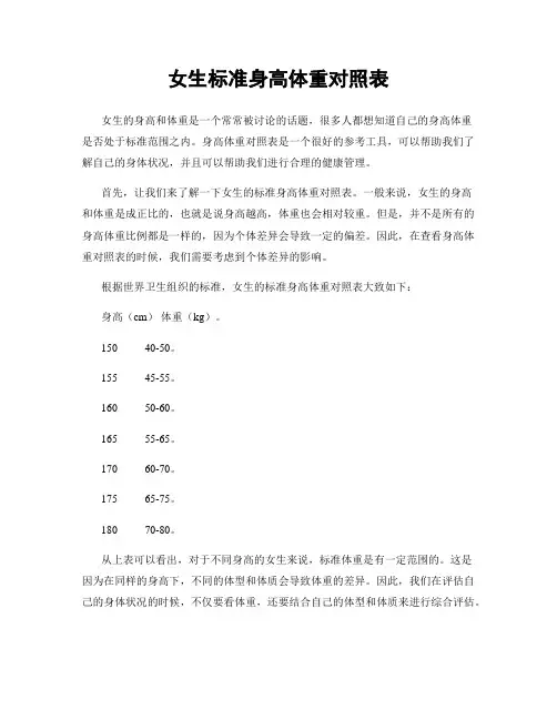 女生标准身高体重对照表