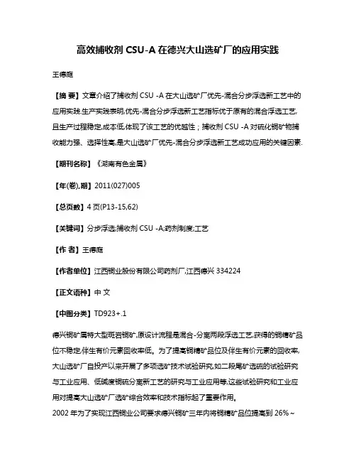 高效捕收剂CSU-A在德兴大山选矿厂的应用实践