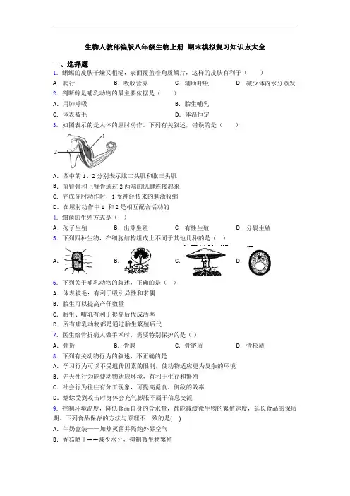 生物人教部编版八年级生物上册 期末模拟复习知识点大全