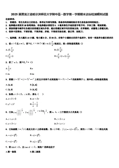2025届黑龙江省哈尔滨师范大学附中高一数学第一学期期末达标检测模拟试题含解析
