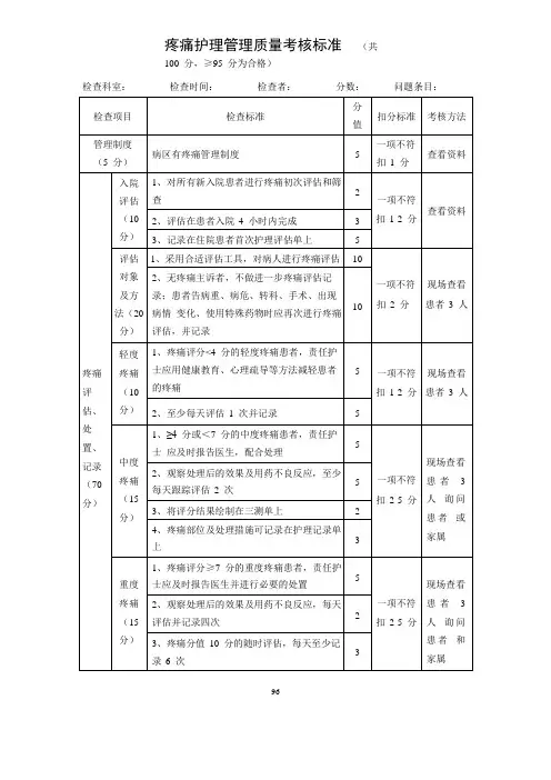 疼痛护理管理质量考核标准