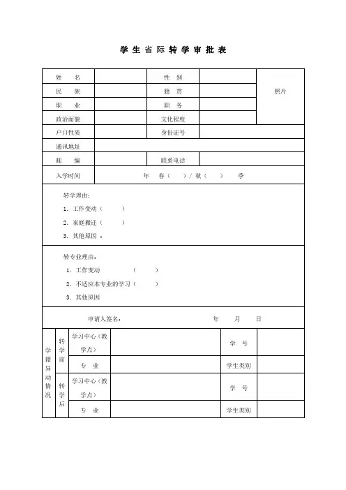 大学学生省际转学审批表