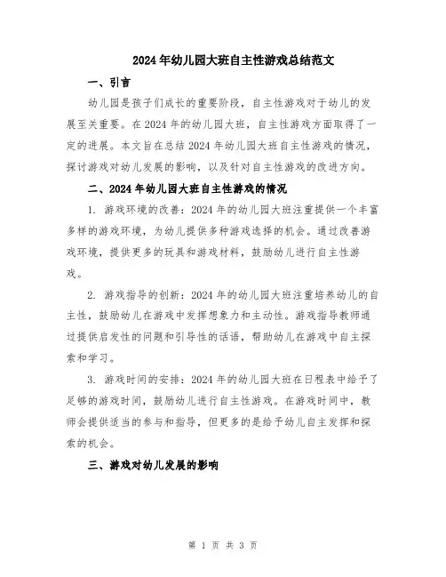 2024年幼儿园大班自主性游戏总结范文