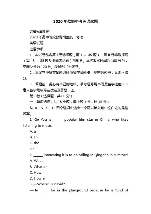 2020年盐城中考英语试题