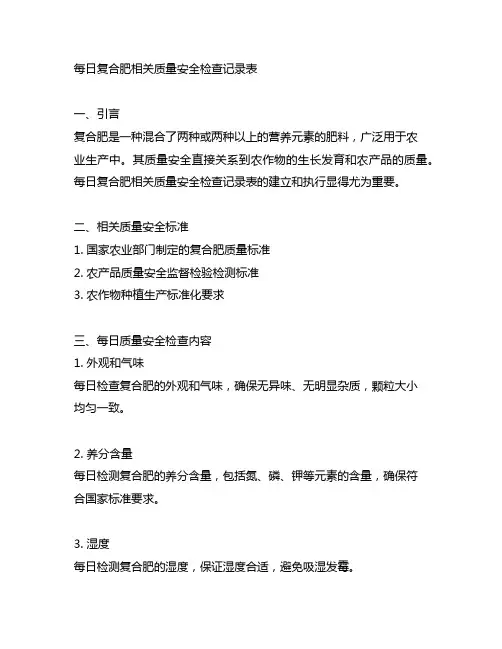 每日复合肥相关质量安全检查记录表