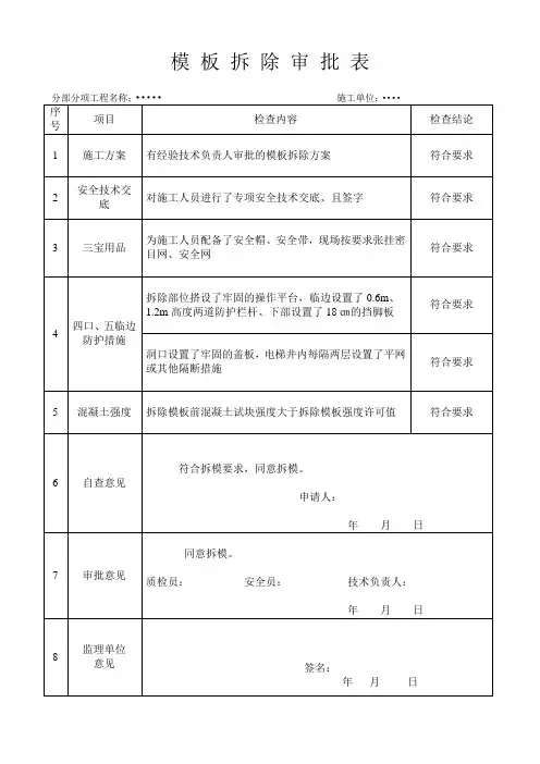 模板拆除审批表