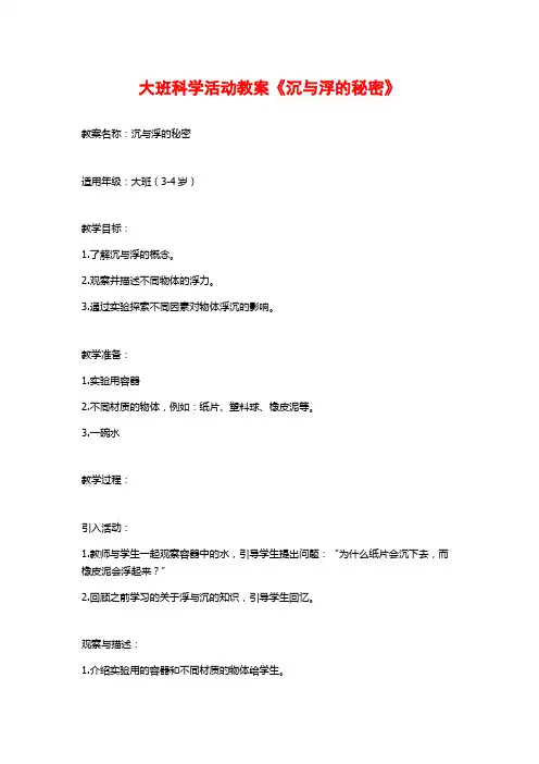 大班科学活动教案《沉与浮的秘密》